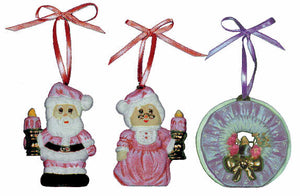 #1532 3 Ornaments - Mr & Mrs Santa & Wreath Ornaments  3" each