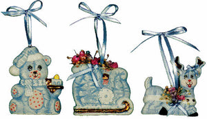 #1534 3 Ornaments - Reindeer,Sleigh & Bear Ornaments  3" each